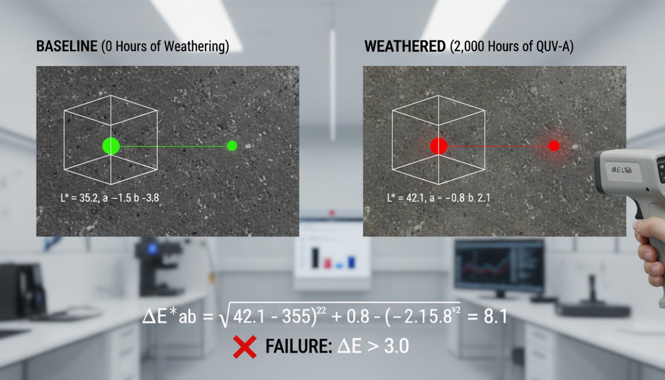 Spectrophotometer analysis screen showing a Delta E color difference failure greater than 3.0 after 2,000 hours of weathering.